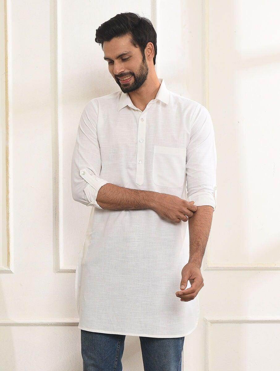 men off white_cream cotton shirt collar regular fit kurta