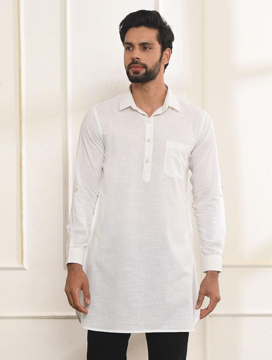 men off white_cream cotton solid shirt collar regular fit kurta