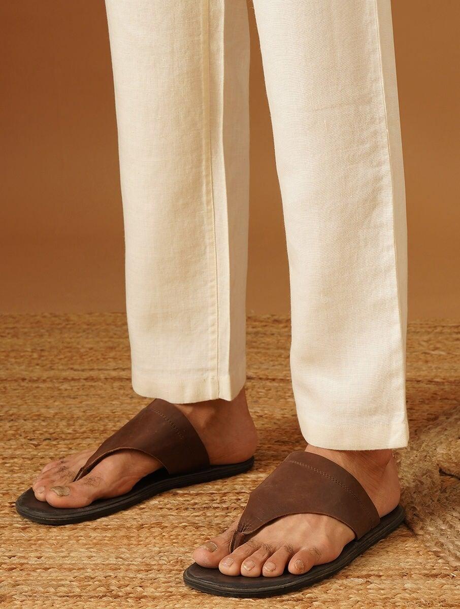 men off white_cream linen solid ankle length straight fit pants