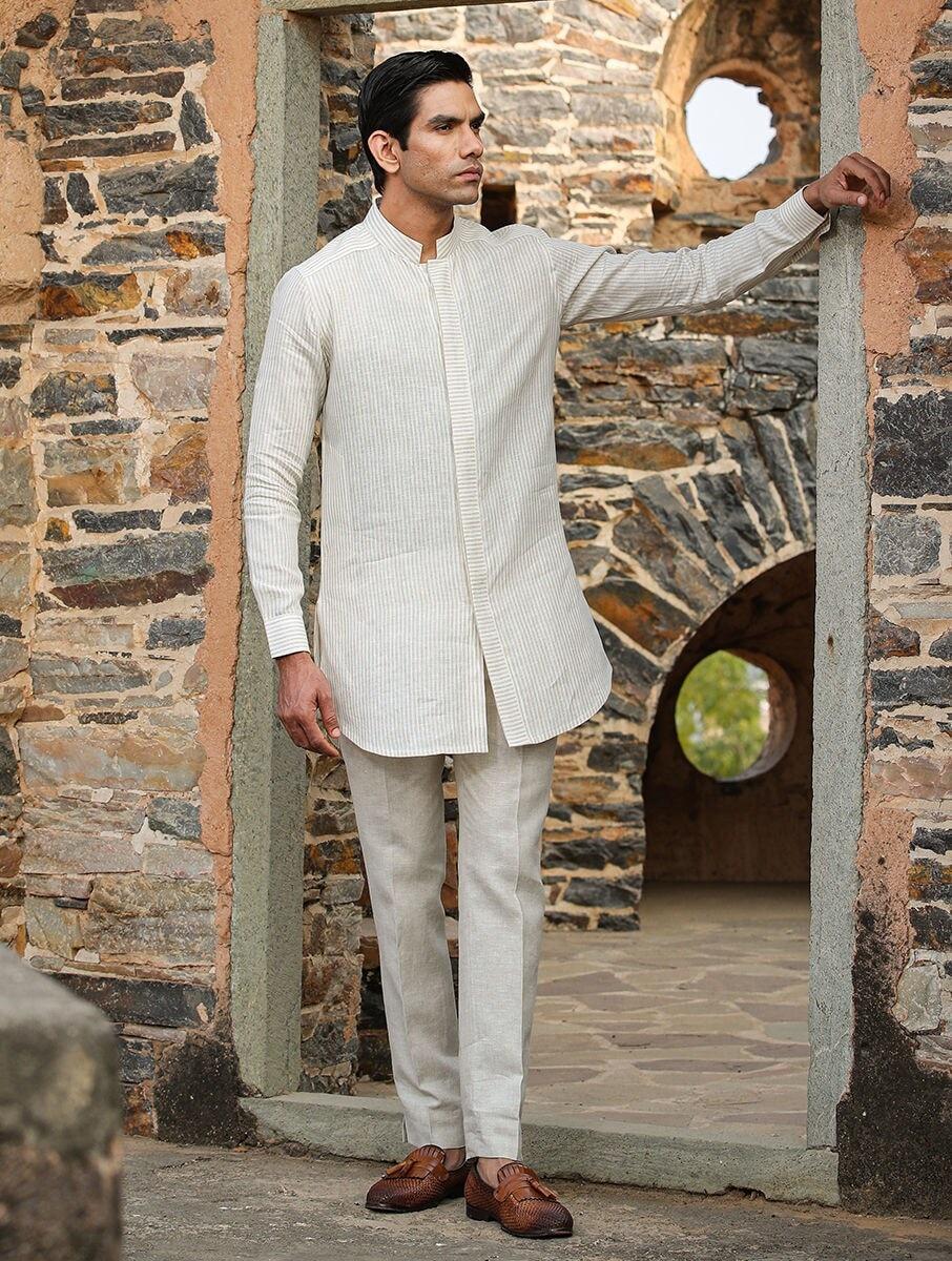 men off white_cream linen striped mandarin collar regular fit kurta