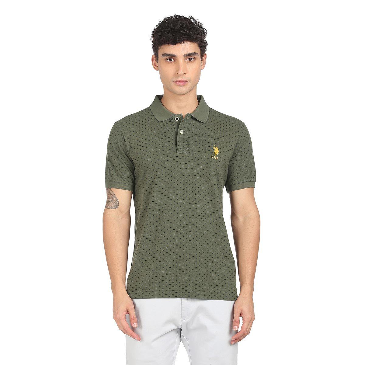 men olive all over print cotton polo t-shirt