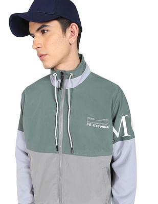 men olive and grey high neck colour blocked casual jacket