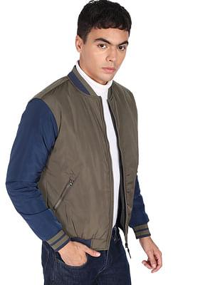 men olive and navy stand collar colour block bomber jacket