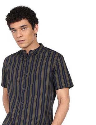 men olive and navy vertical stripe cotton casual shirt