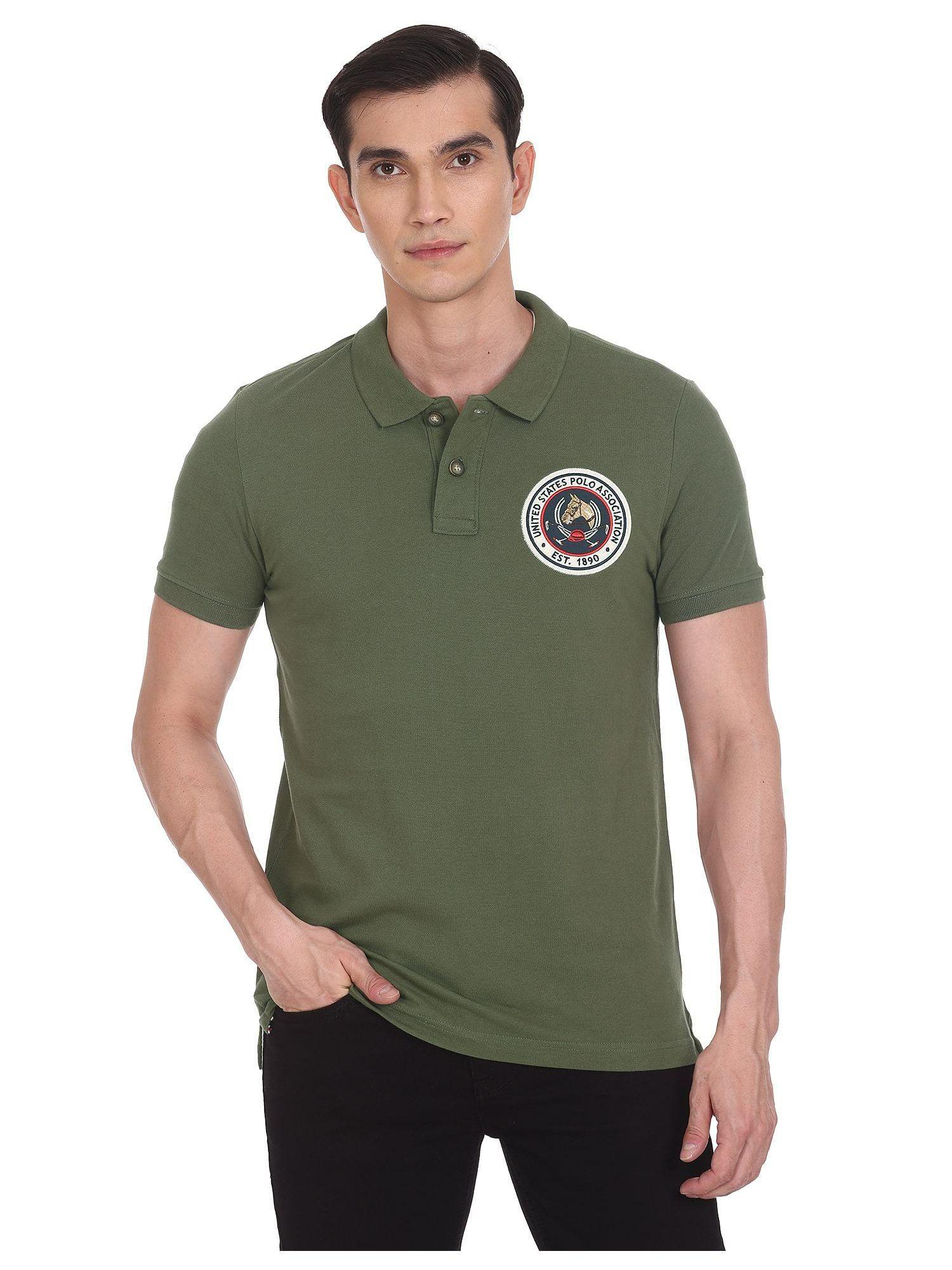 men olive applique logo cotton polo shirt