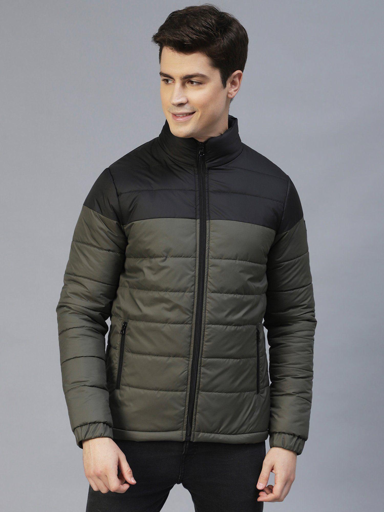 men olive colo block full sleeves puffer jacket