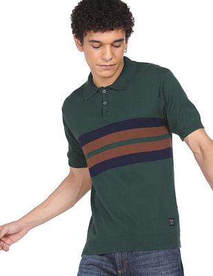 men olive cotton horizontal stripe polo shirt