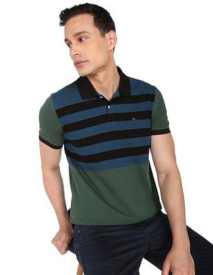 men olive cotton horizontal stripe polo shirt