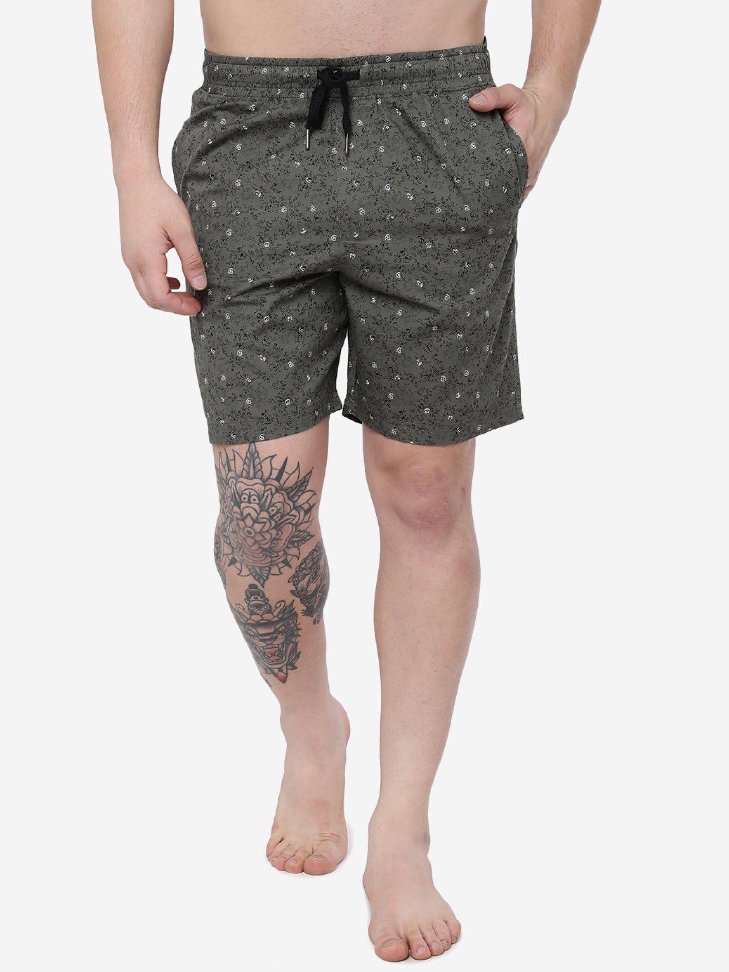 men olive cotton slim fit printed boxer shorts