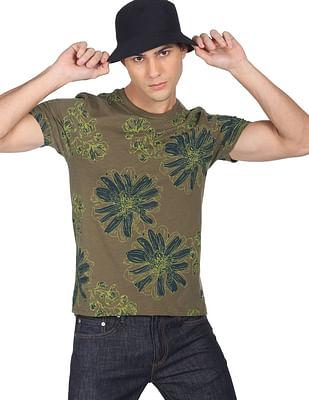 men olive cotton tropical print t-shirt