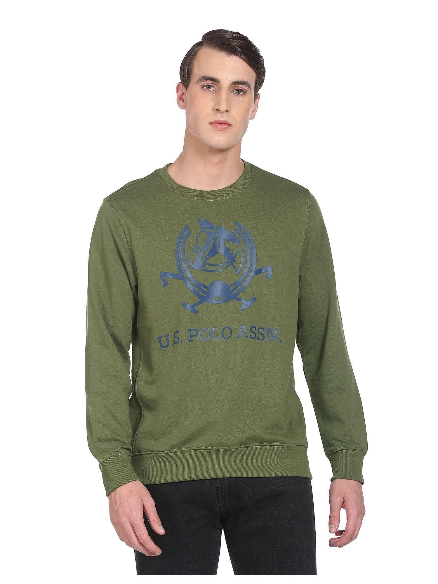 men olive crew neck brand print sweatshirt