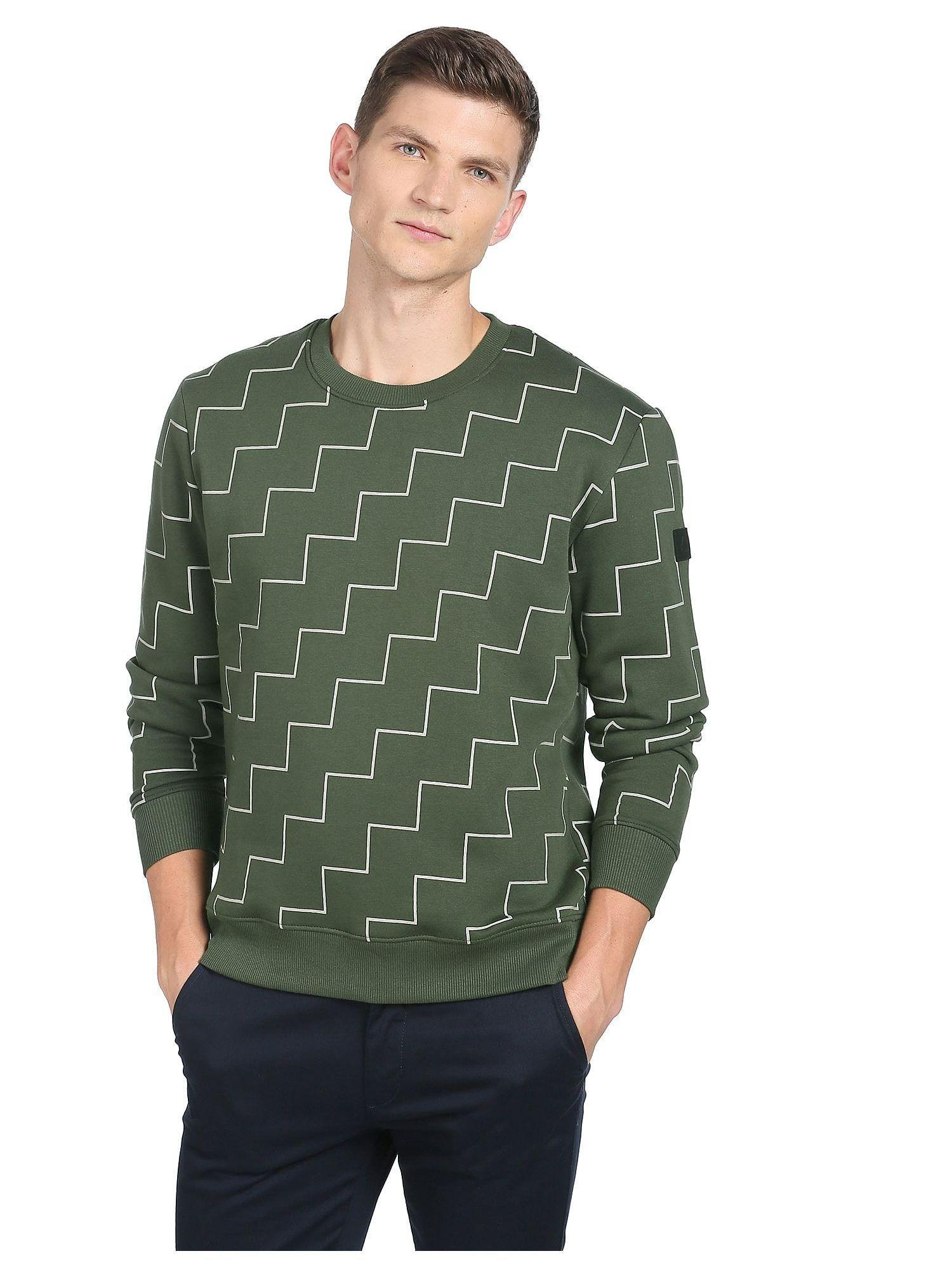 men olive crew neck geometric print sweatshirt