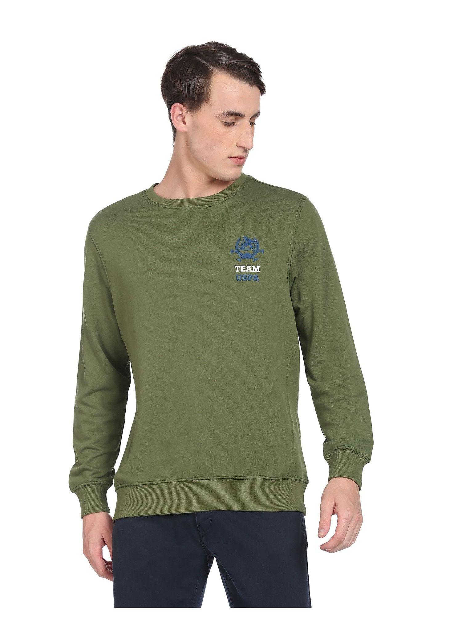 men olive crew neck logo solid sweatshirt