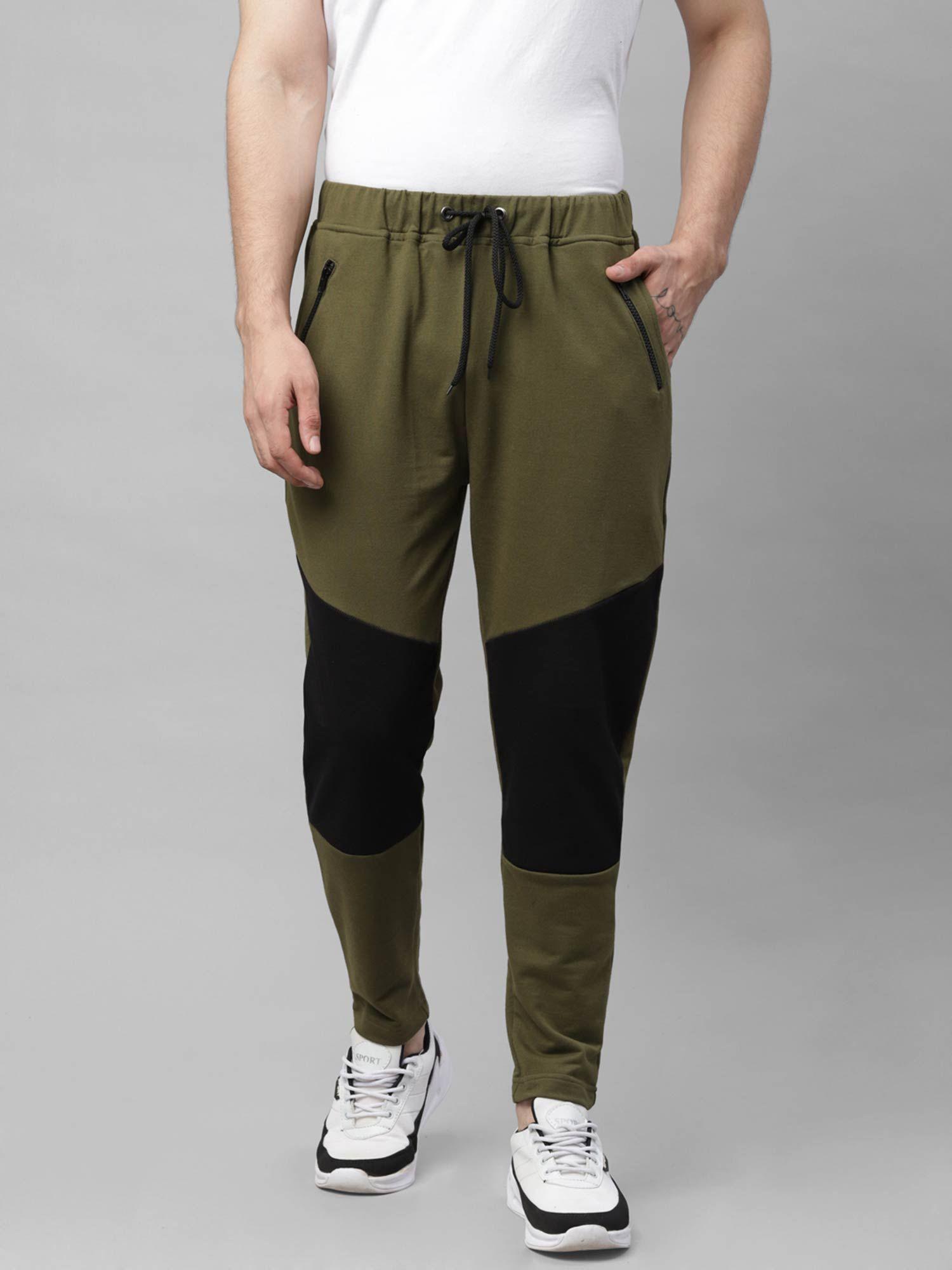 men olive green black cut & sew with zip detail pocket terry jogger