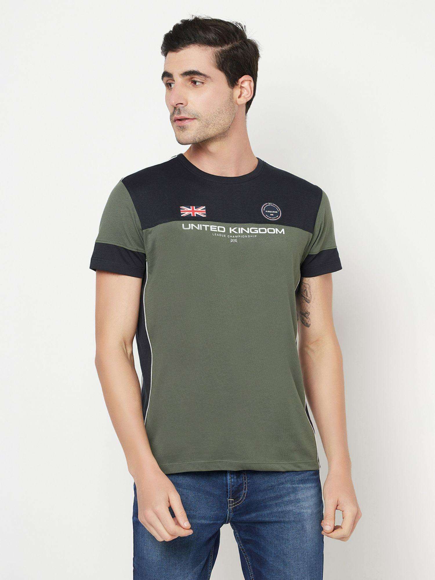 men olive green colourblocked printed t-shirt