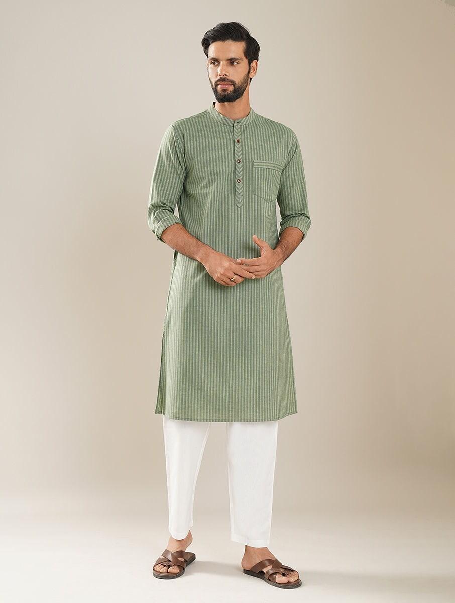 men olive green cotton self design mandarin collar regular fit kurta