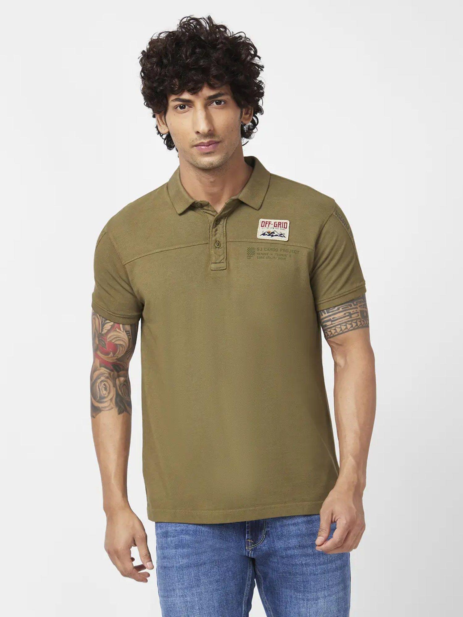men olive green cotton slim fit half sleeve collar neck plain polo t-shirt