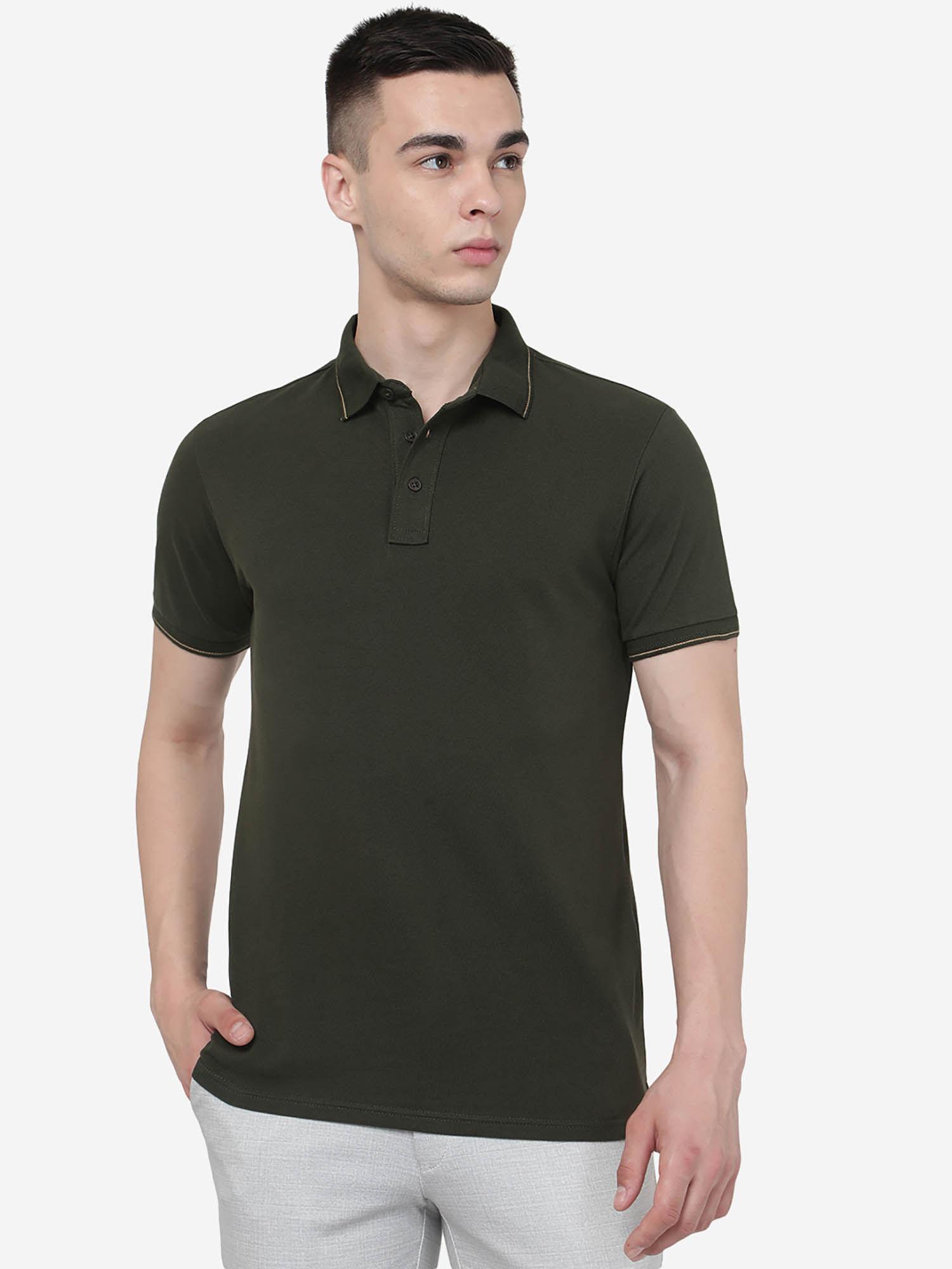 men olive green cotton slim fit solid polo t-shirt