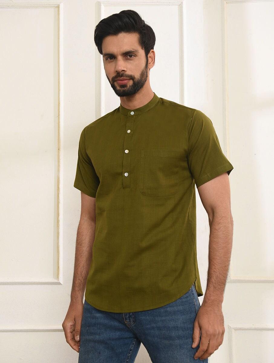 men olive green cotton solid mandarin collar regular fit kurta