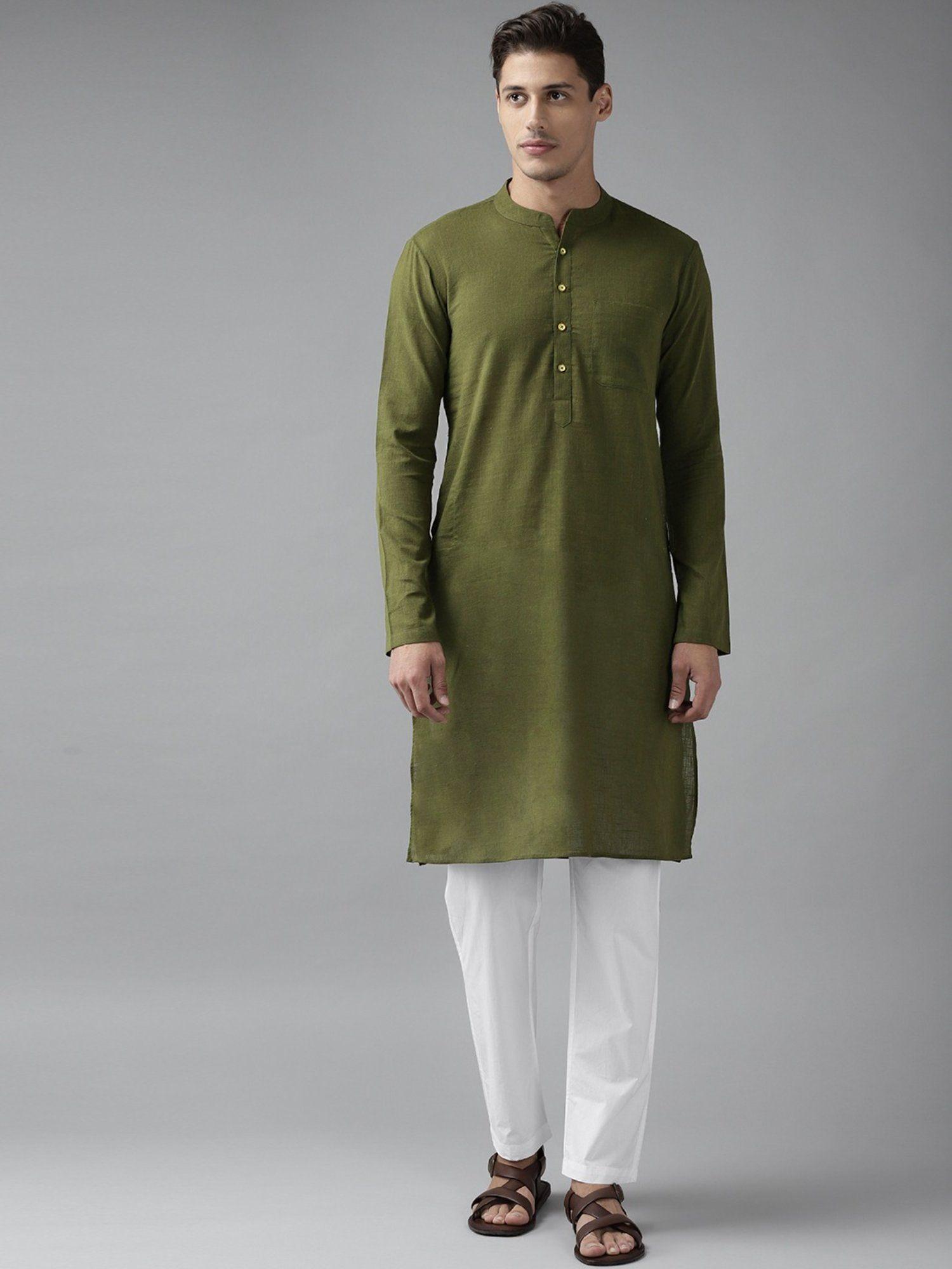 men olive green cotton straight kurta with slub effect