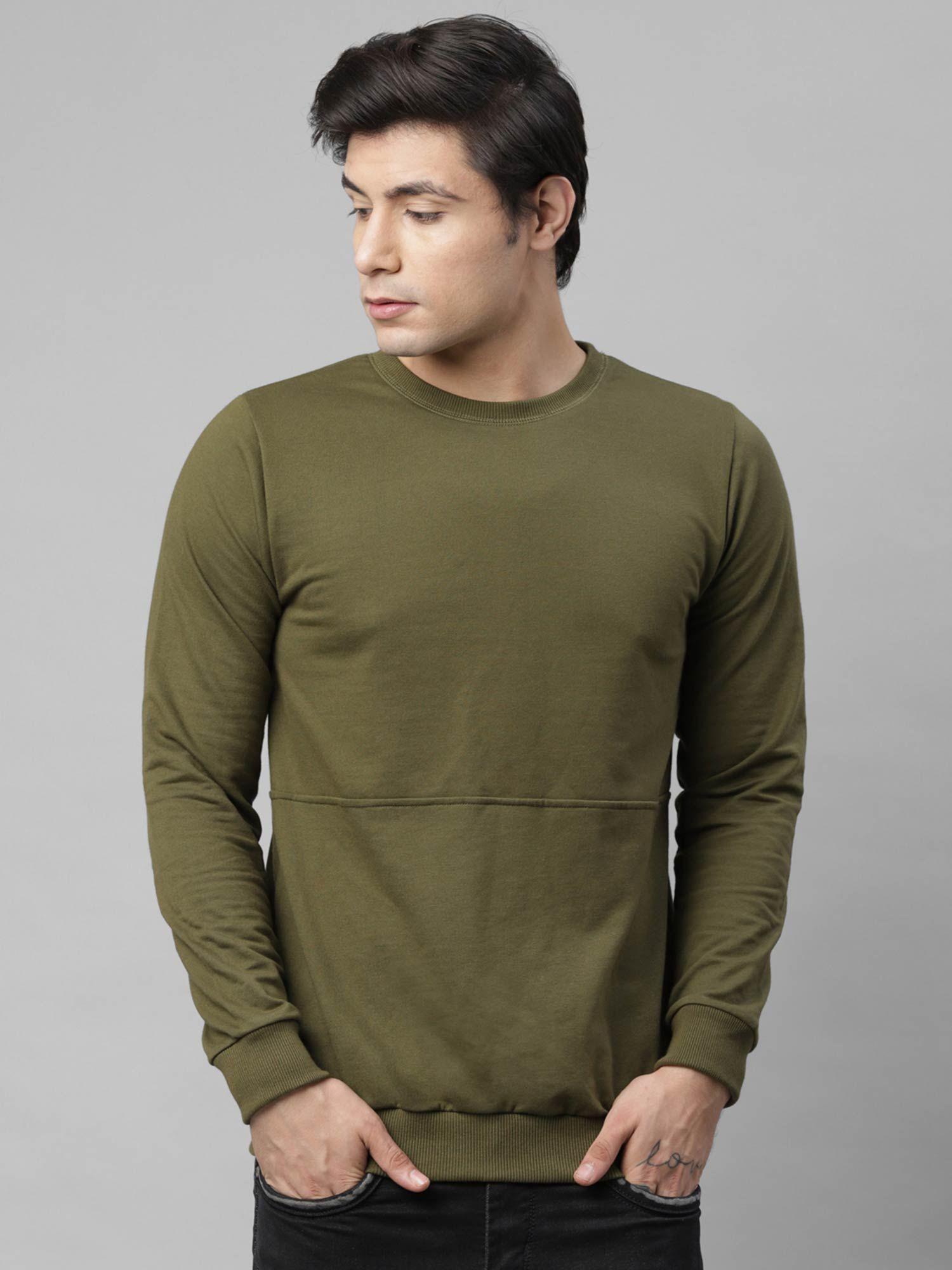 men olive green cut & sew terry round neck sweatshirt