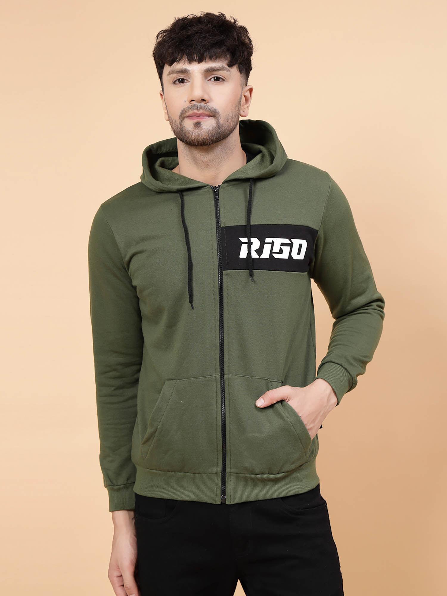 men olive green hooded printed fleece jacket