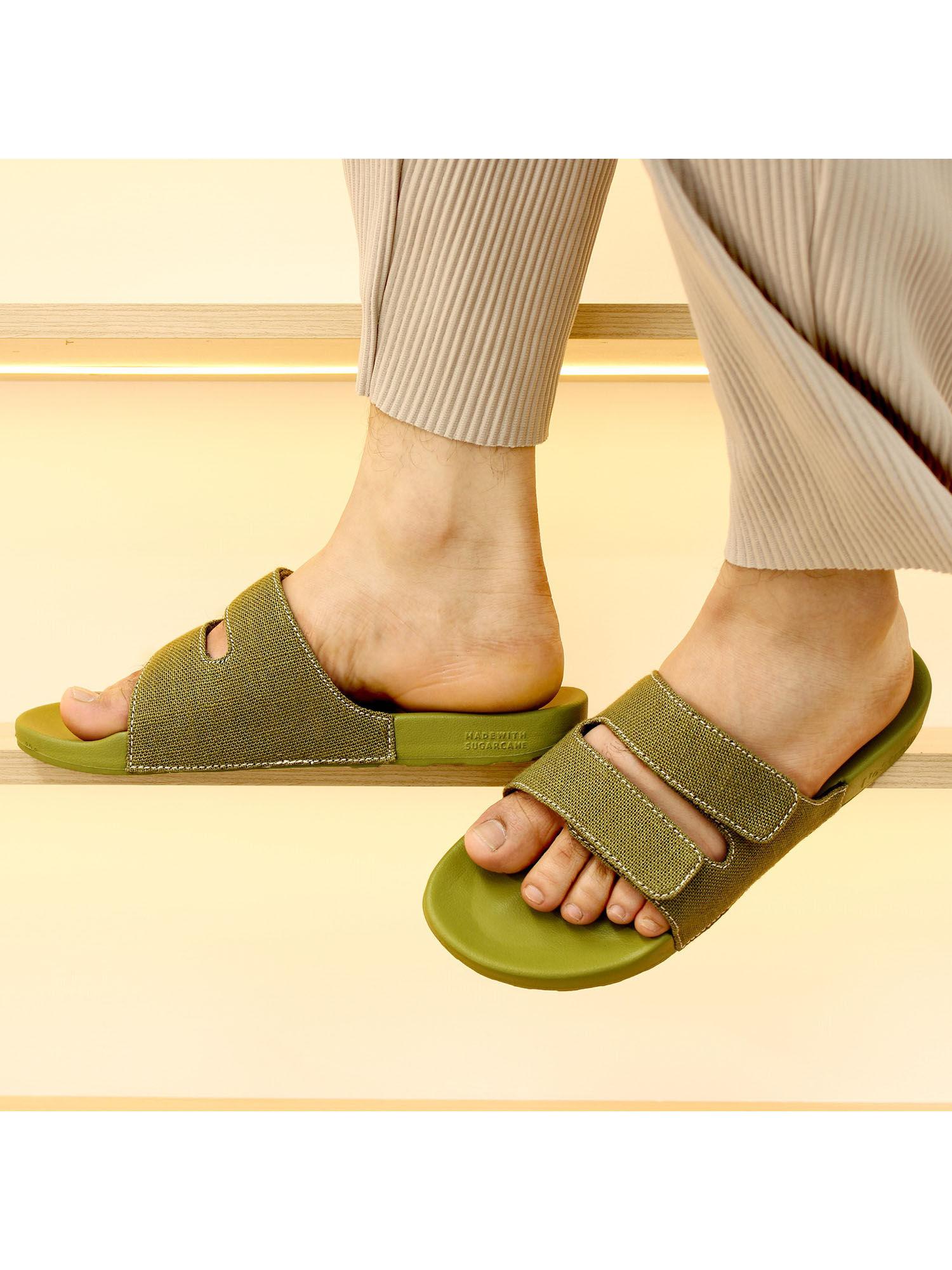 men olive green parallel linen sugar silders