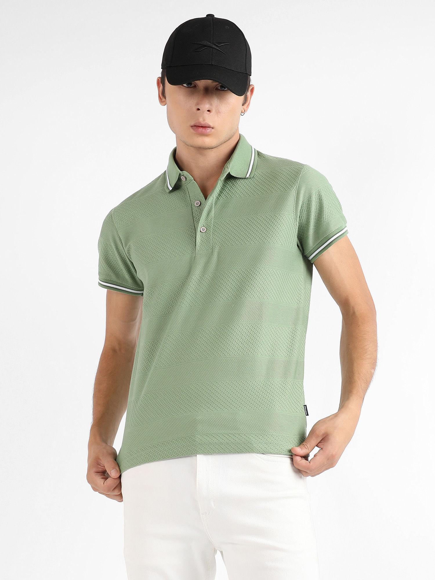 men olive green self-design horizontal striped polo t-shirt