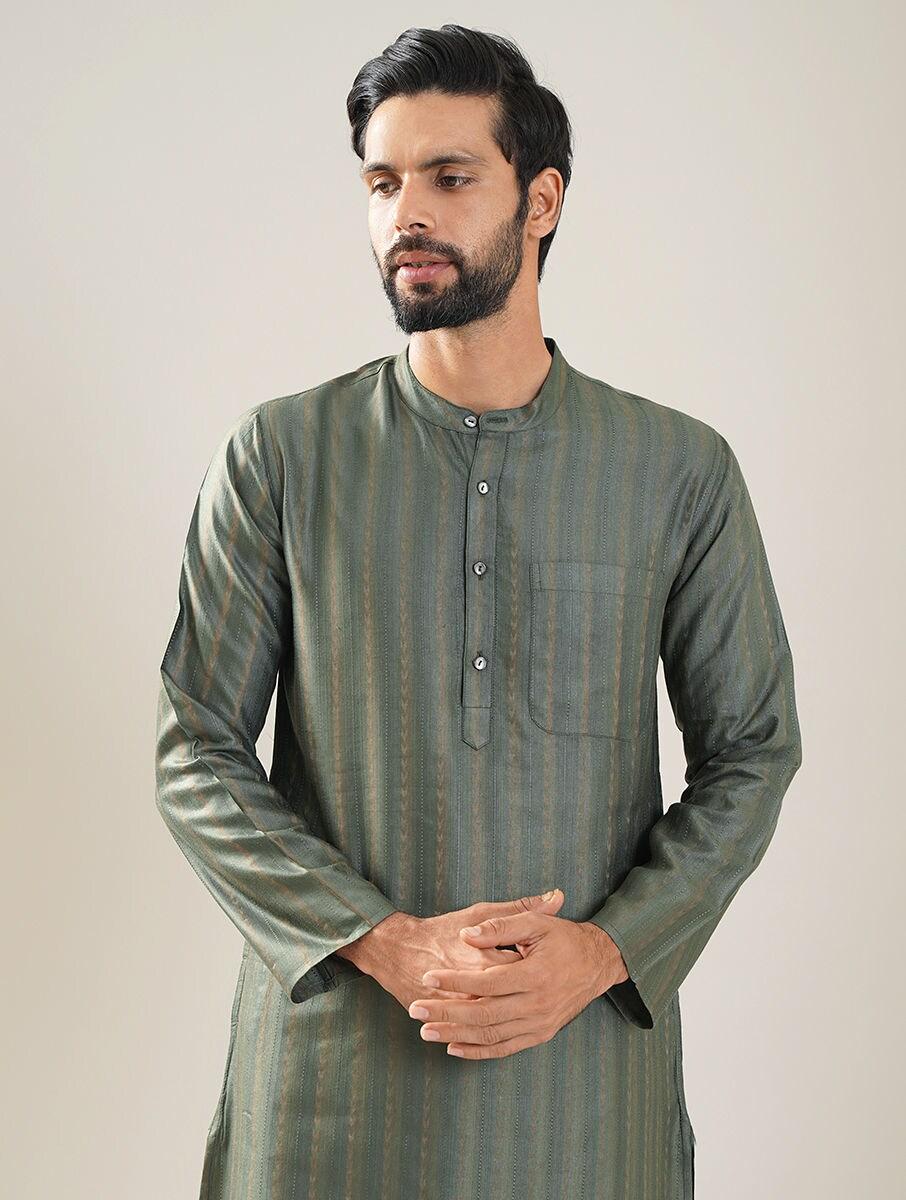 men olive green silk viscose self design mandarin collar regular fit kurta