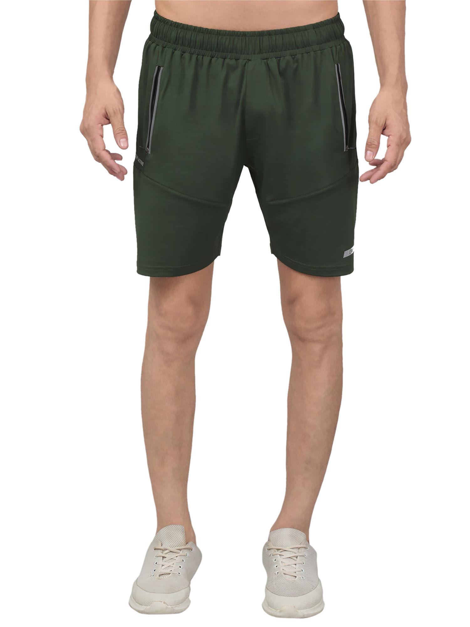 men olive green solid stretchable activewear shorts
