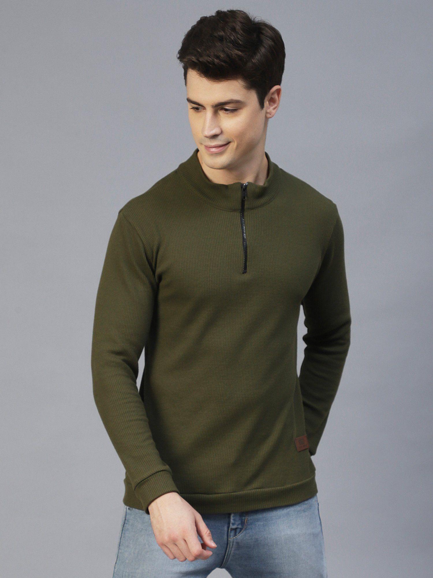 men olive henley neck full sleeves waffle knit t-shirt