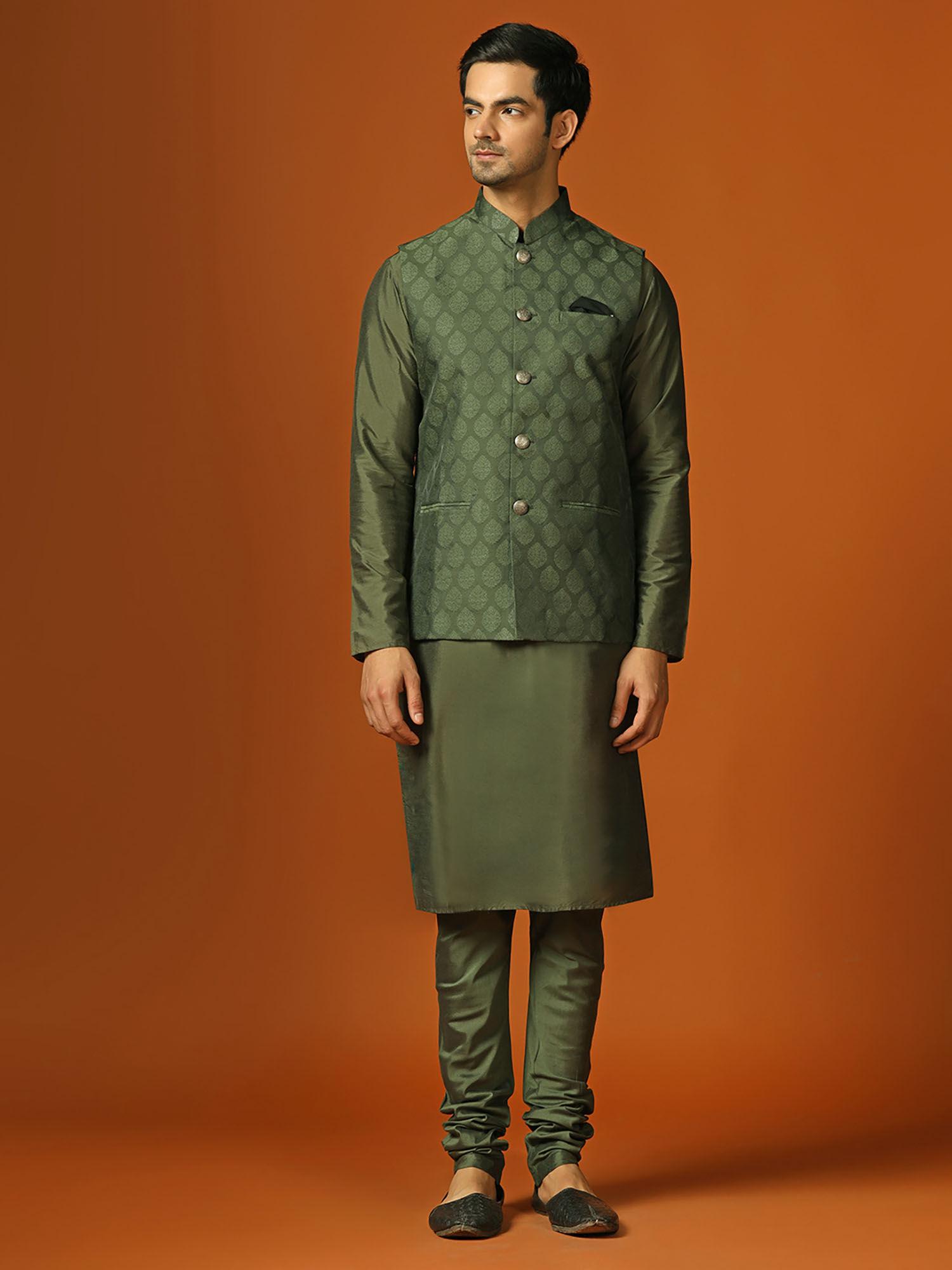 men olive kurta and nehru jacket with churidar (set of 3)