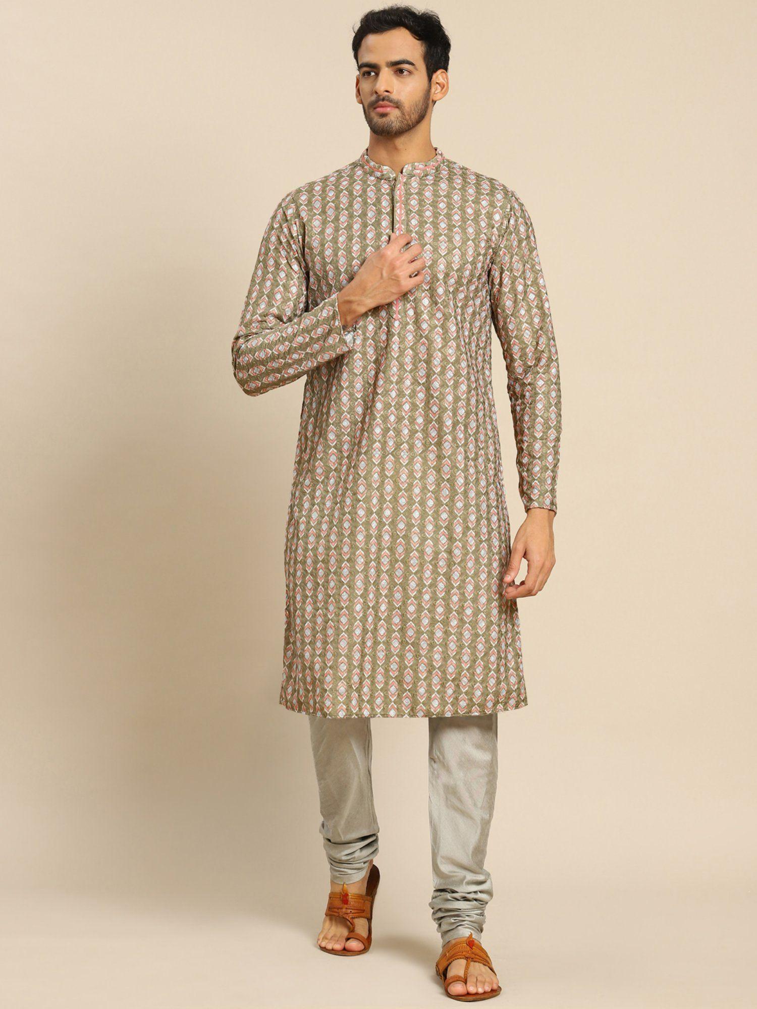 men olive kurta set (set of 2)