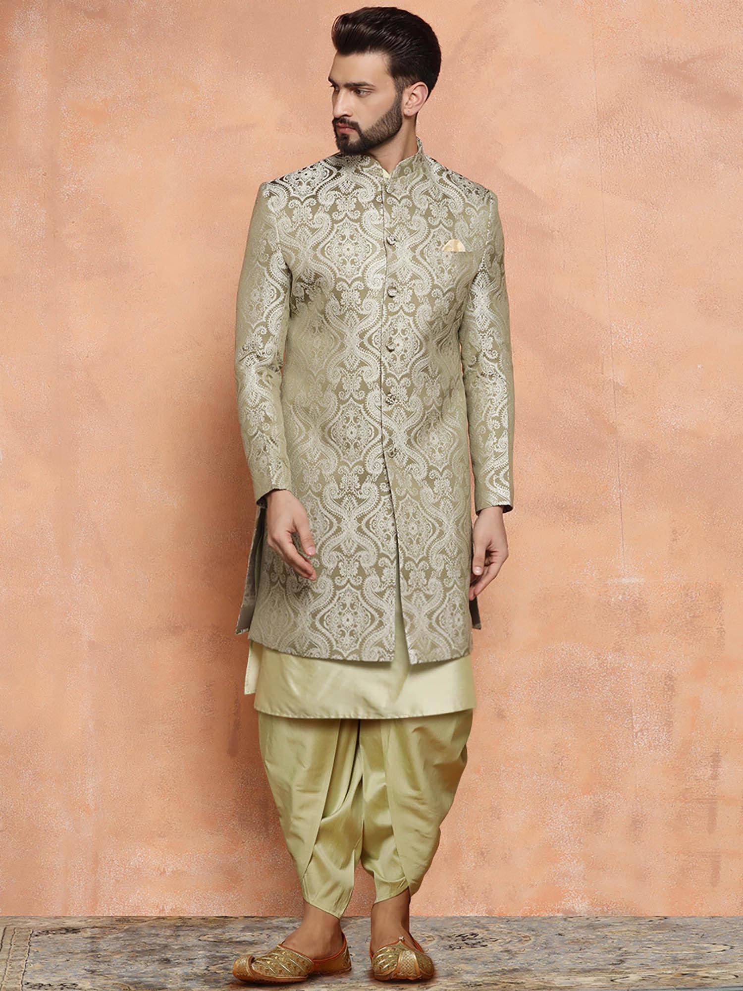 men olive kurta sherwani dhoti pant set (set of 3)