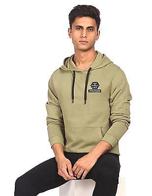 men olive long sleeve solid hooded sweatshirt