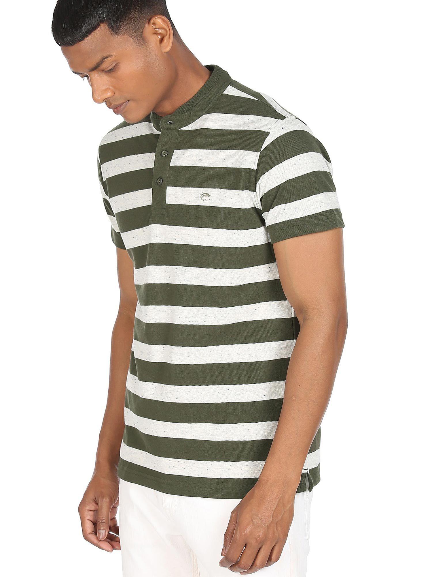 men olive mandarin stylized neck striped polo t-shirt