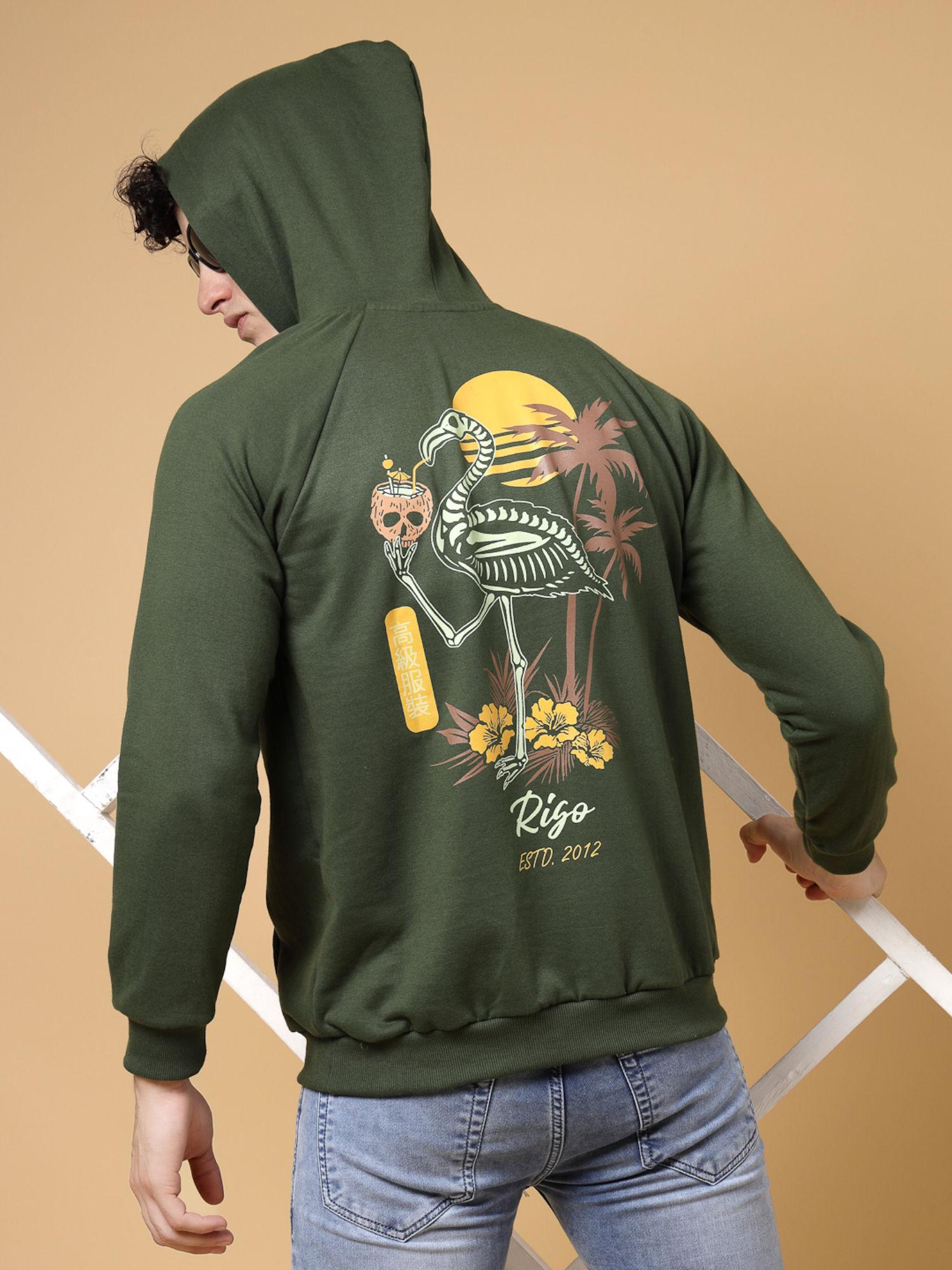 men olive oversized printed fleece hoodie