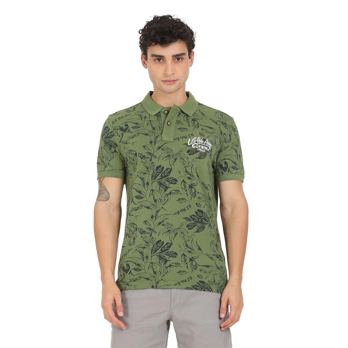 men olive printed cotton polo shirt