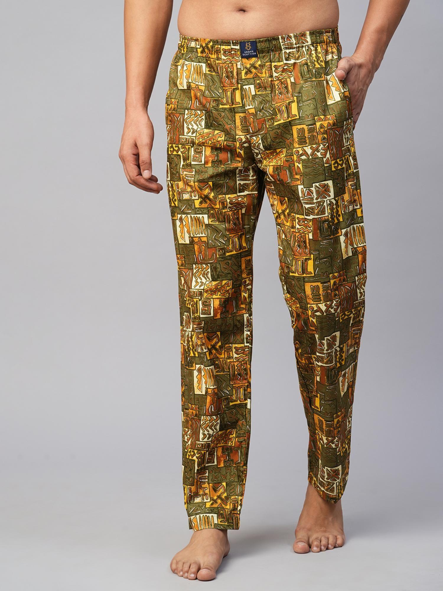 men olive pure cotton printed lounge pant