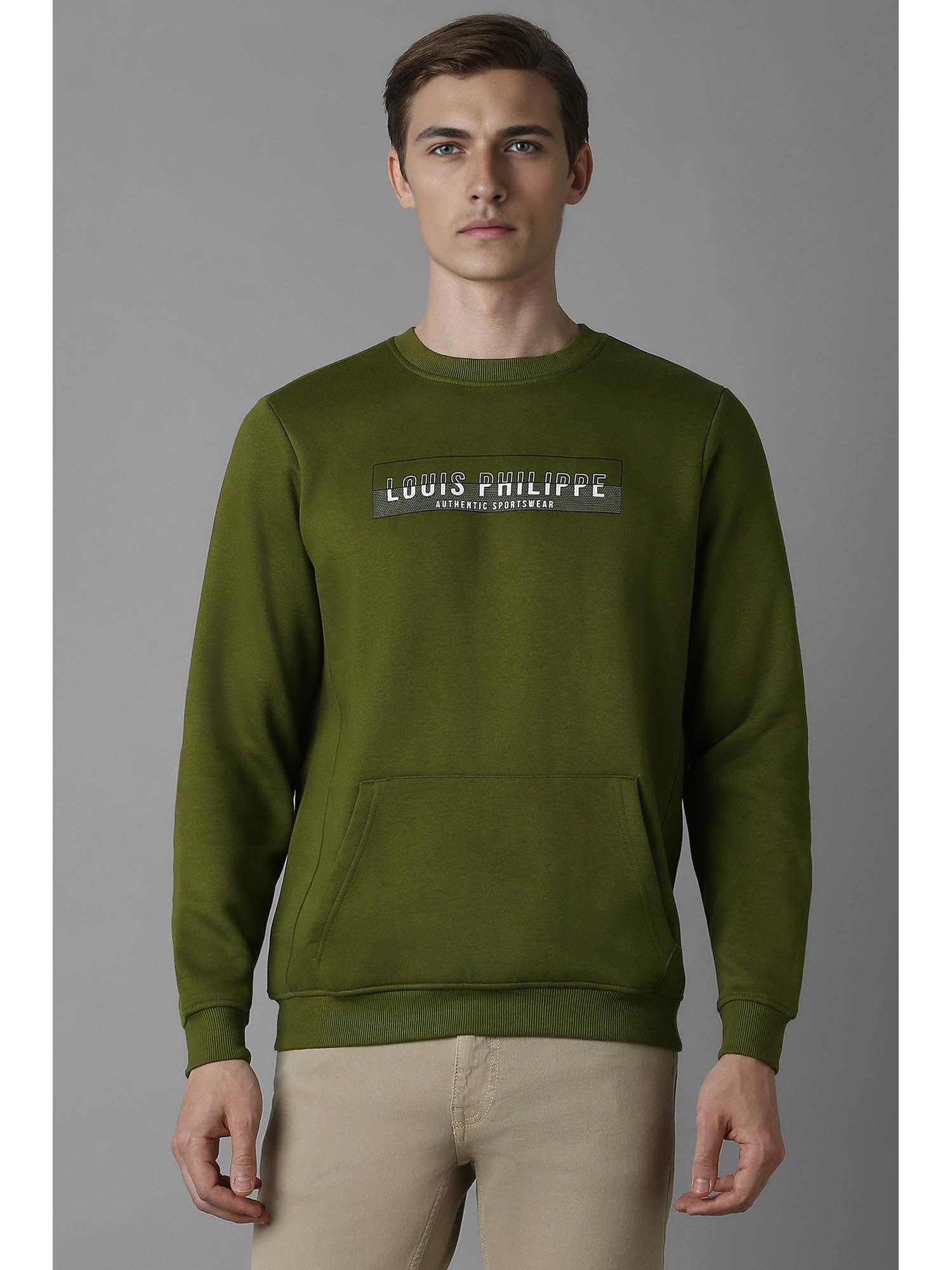 men olive regular fit solid full sleeves sweatshirt