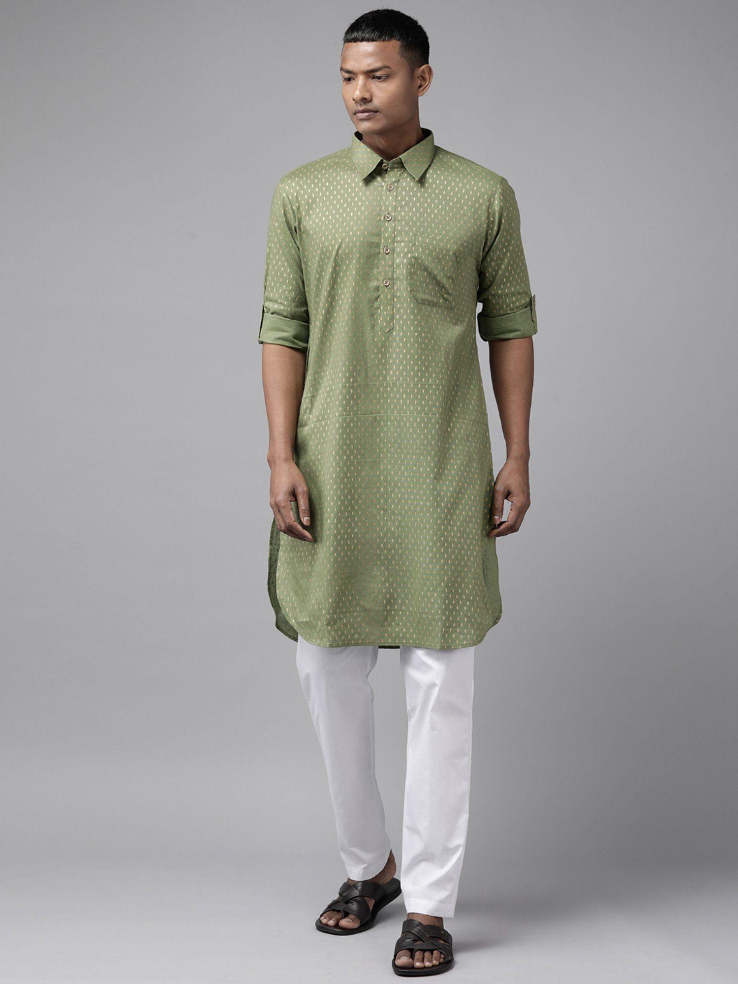 men olive regular pathani printed men's kurta with white salwar (set of 2)