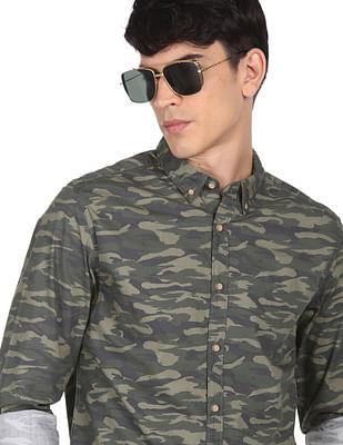 men olive rounded cuff printed casual shirt