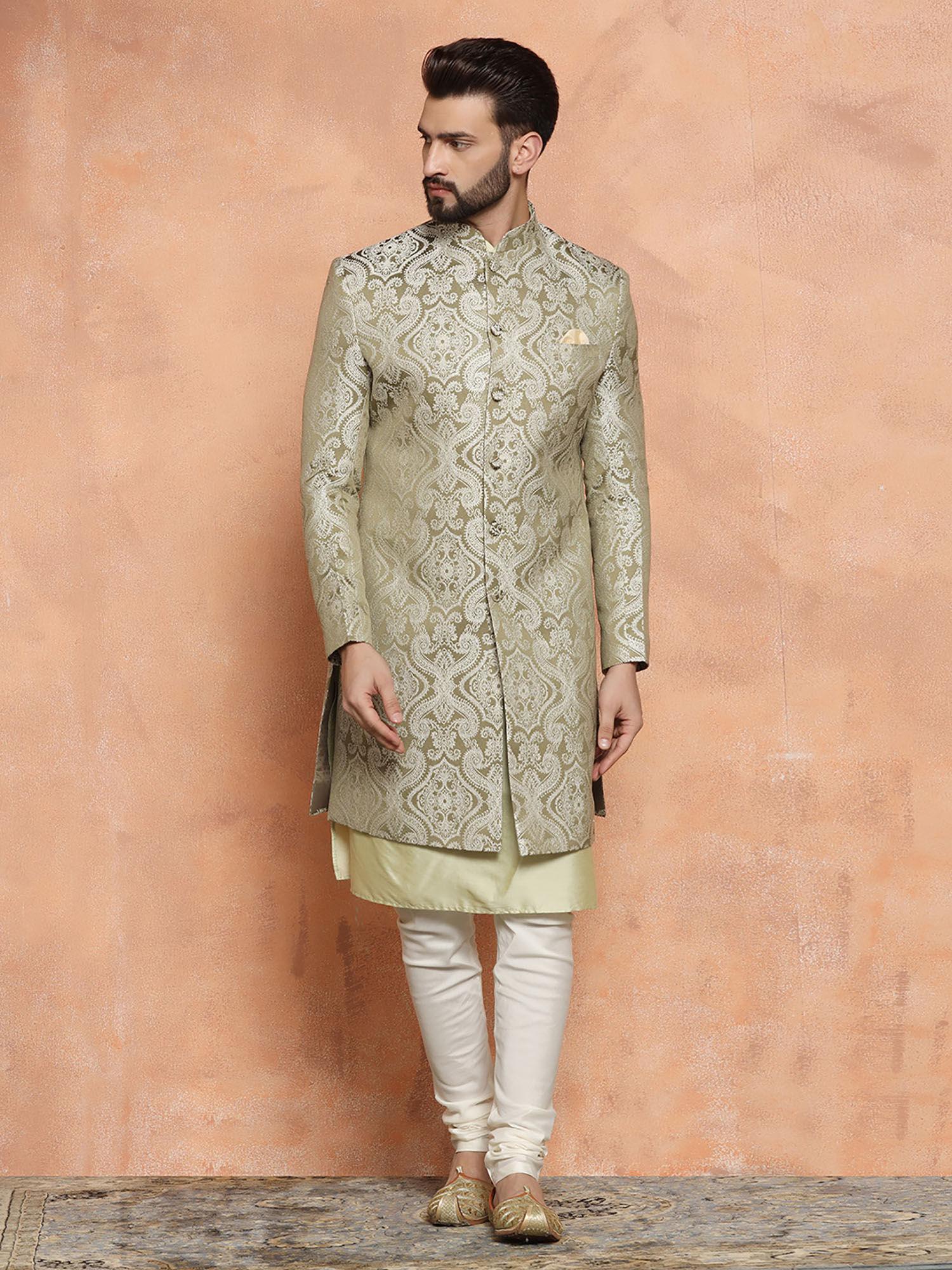 men olive sherwani (set of 3)