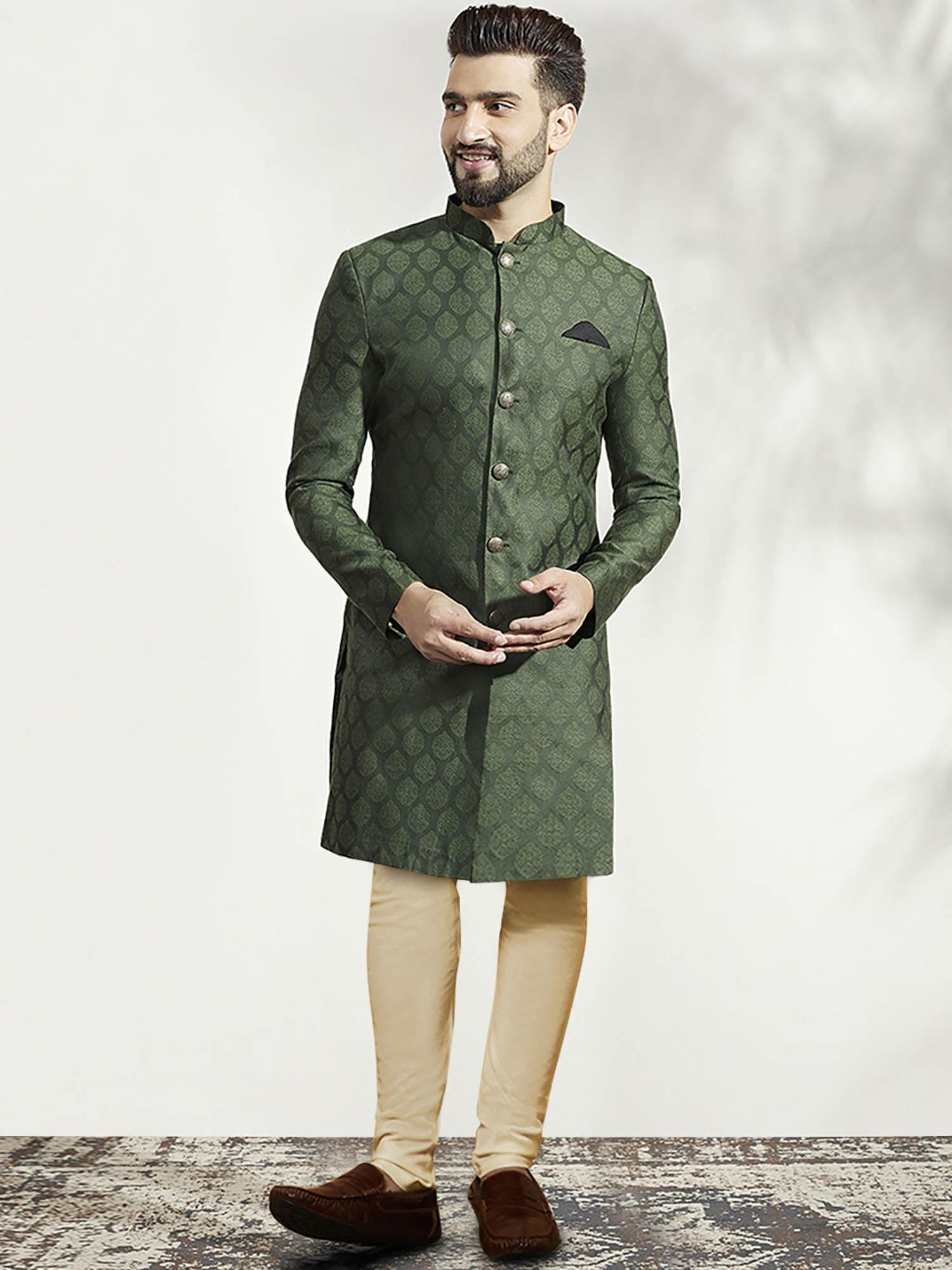 men olive sherwani churidar set (set of 2)