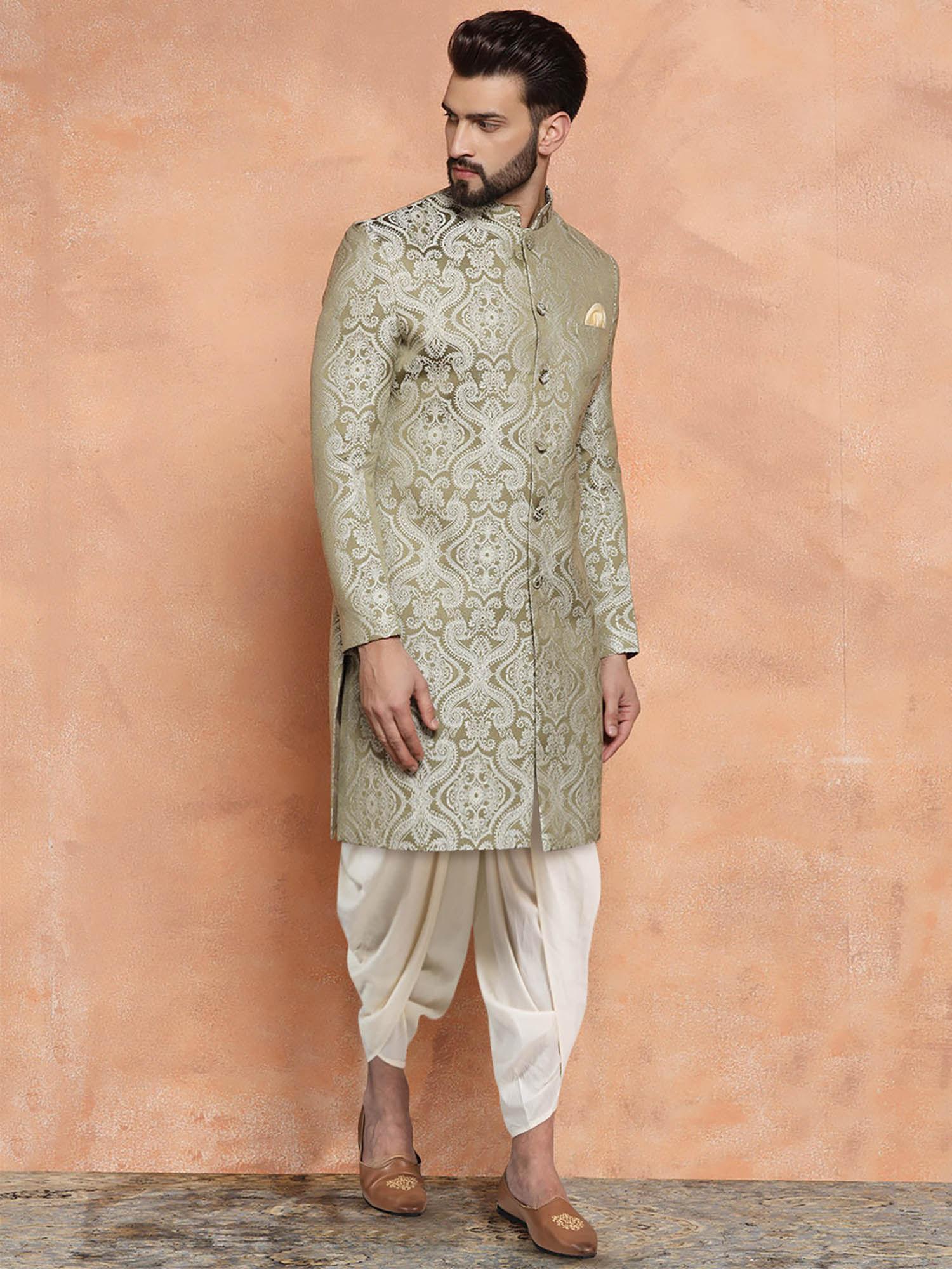 men olive sherwani dhoti pant set (set of 2)