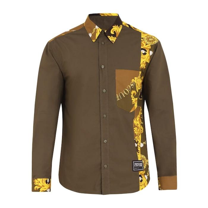 men olive shirt with baroque pamels om collar and pocket