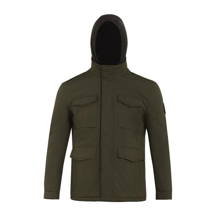 men olive side branding field jacket with hood