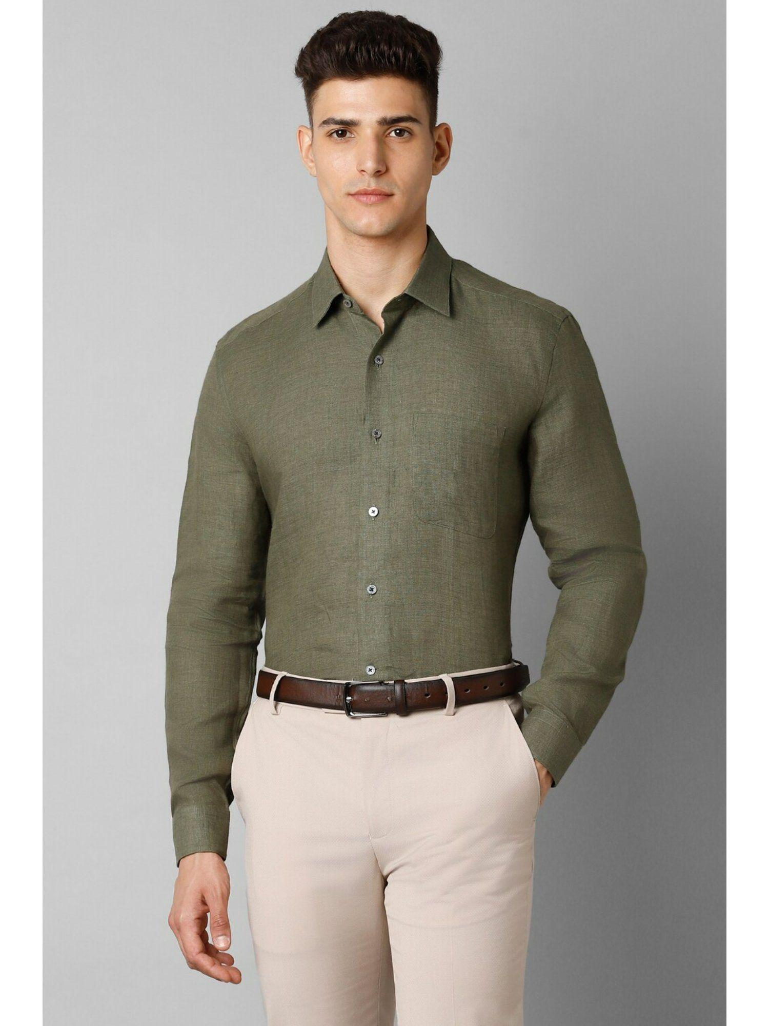 men olive slim fit textured full sleeves formal shirt