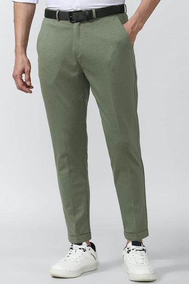 men olive solid carrot fit formal trousers