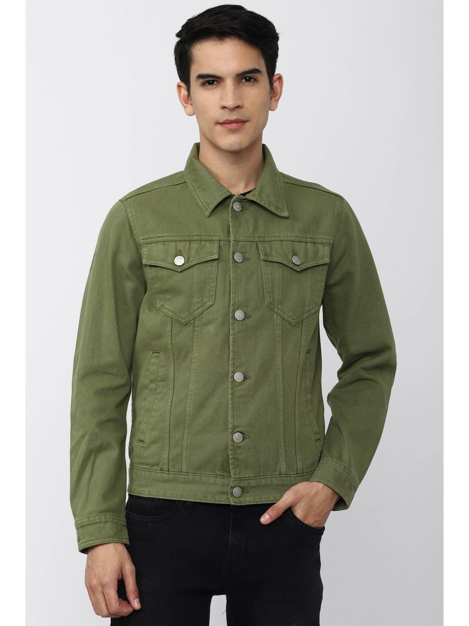 men olive solid casual jacket